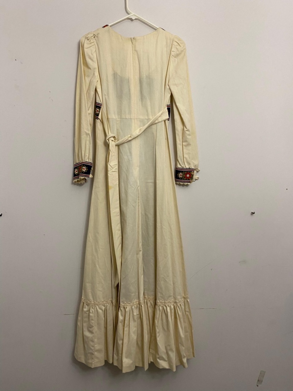 Gunne Sax Cream Maxi Dress with Navy Center Panel and Floral Trim - Picture 2 of 5